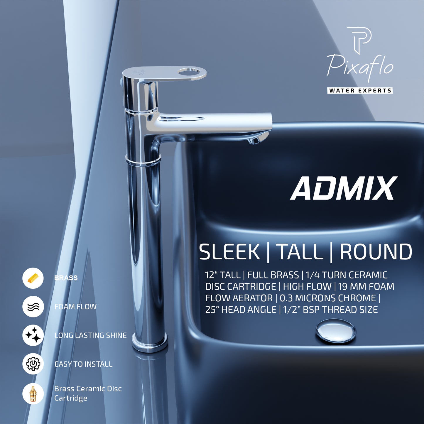 Pixaflo Admix Brass Extended Tall Body Pillar Cock 12 inch Tap for Wash Basin | Deck Mounted | Cold Water Tap (Not Hot & Cold Mixer) | Counter Top/Table Top Faucet | Foam Flow | Chrome Finish