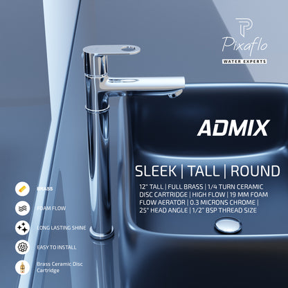 Pixaflo Admix Brass Extended Tall Body Pillar Cock 12 inch Tap for Wash Basin | Deck Mounted | Cold Water Tap (Not Hot & Cold Mixer) | Counter Top/Table Top Faucet | Foam Flow | Chrome Finish