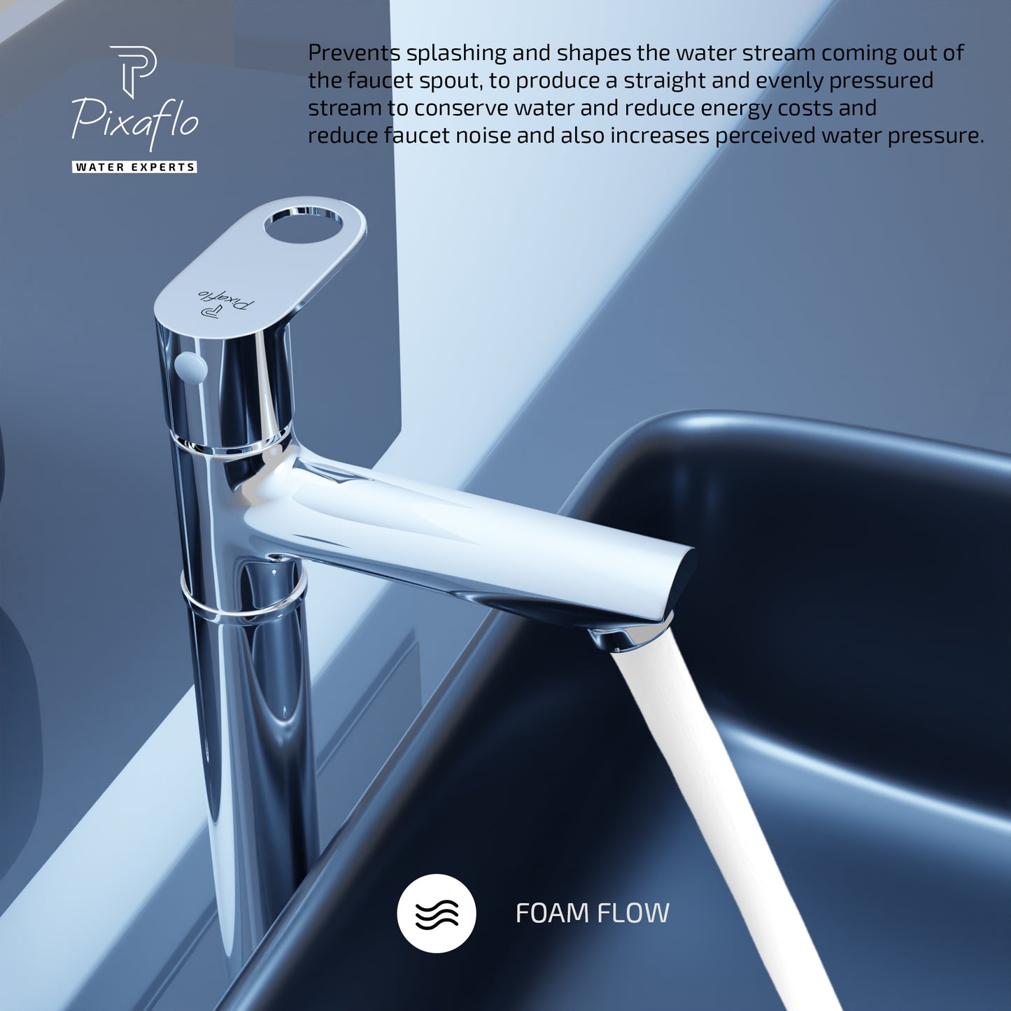 Pixaflo Admix Brass Extended Tall Body Pillar Cock 12 inch Tap for Wash Basin | Deck Mounted | Cold Water Tap (Not Hot & Cold Mixer) | Counter Top/Table Top Faucet | Foam Flow | Chrome Finish