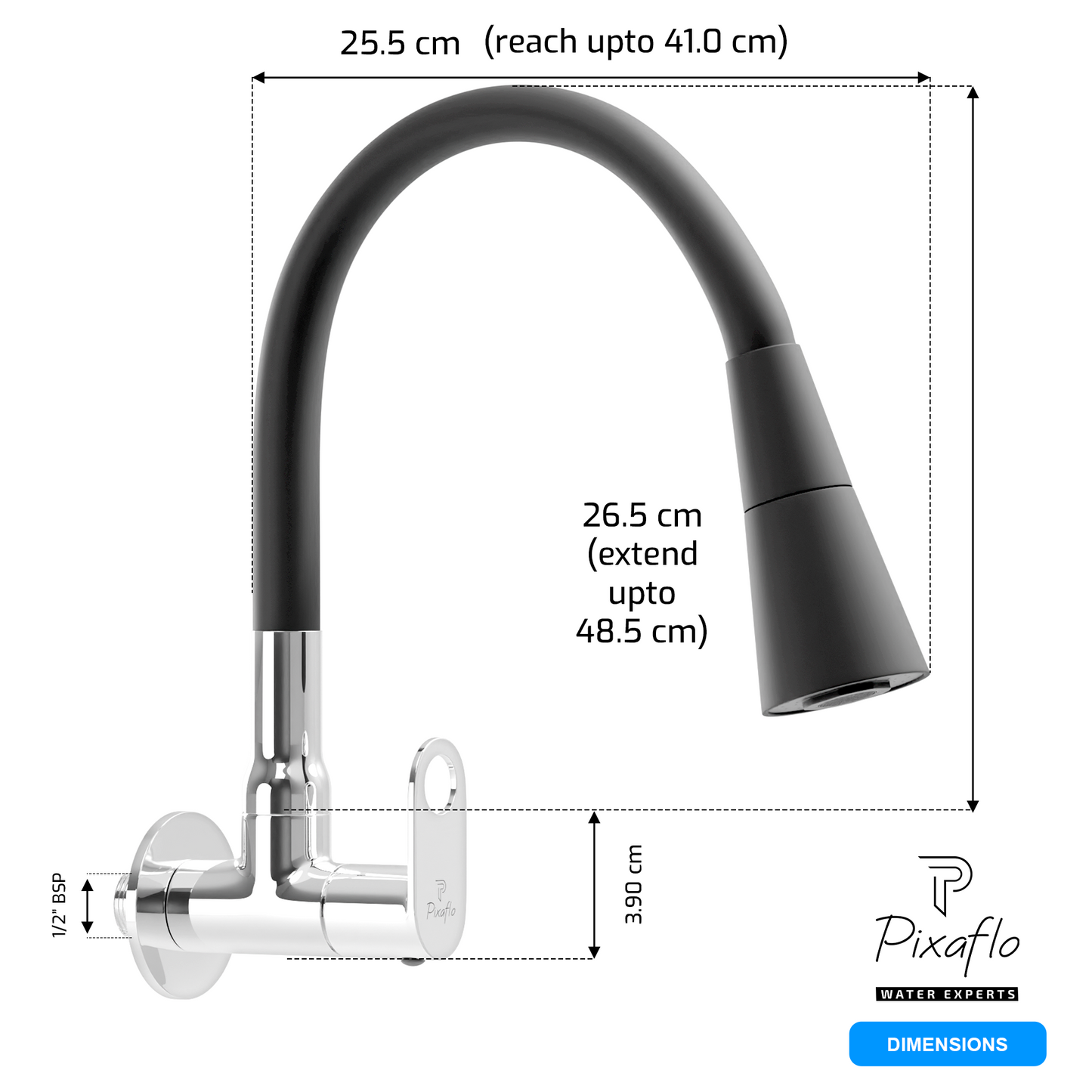 Pixaflo Admix Brass Sink Cock Tap with Wall Flange | with Black Dual Flow 360-degree Swivel Flexible Silicone Swivel Spout for Kitchen Sink | Wall Mounted