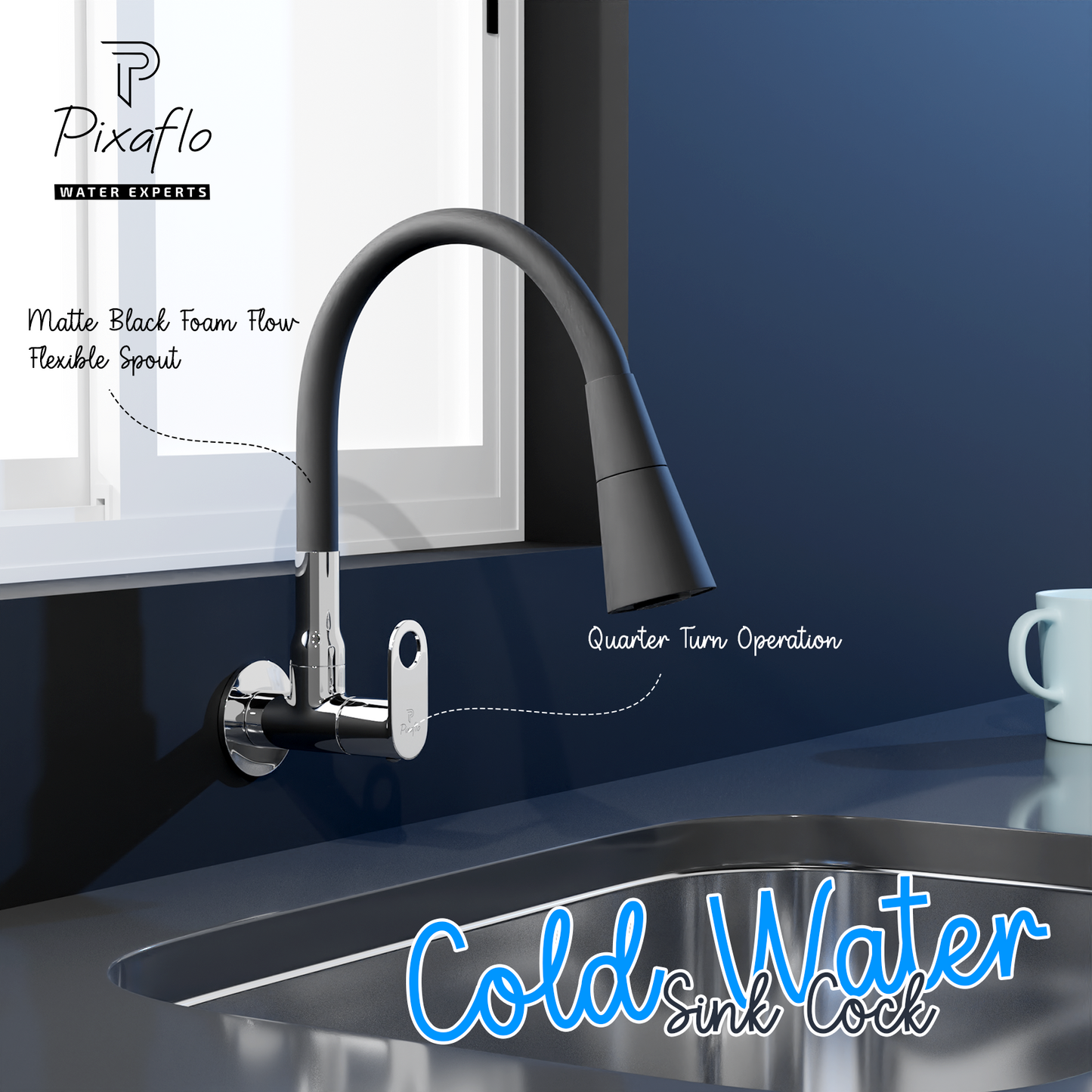 Pixaflo Admix Brass Sink Cock Tap with Wall Flange | with Black Dual Flow 360-degree Swivel Flexible Silicone Swivel Spout for Kitchen Sink | Wall Mounted