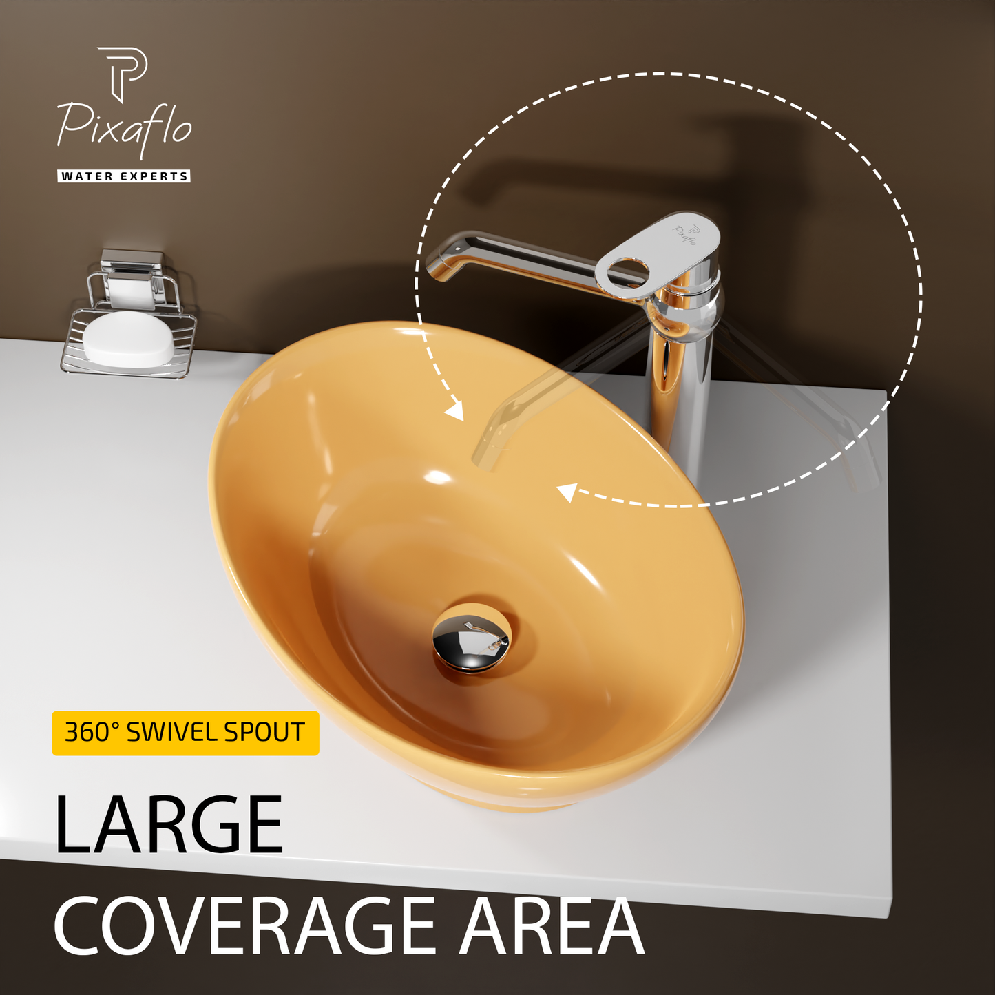 Pixaflo Admix-R Brass Extended Tall Body Hot & Cold Single Lever Basin Mixer 12 inch Tap with 360-Degree Swivel Spout and 24 inches Long Braided Hoses | Chrome