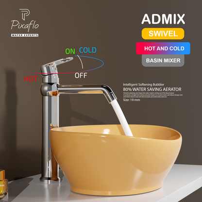 Pixaflo Admix-R Brass Extended Tall Body Hot & Cold Single Lever Basin Mixer 12 inch Tap with 360-Degree Swivel Spout and 24 inches Long Braided Hoses | Chrome
