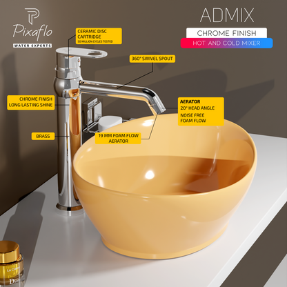Pixaflo Admix-R Brass Extended Tall Body Hot & Cold Single Lever Basin Mixer 12 inch Tap with 360-Degree Swivel Spout and 24 inches Long Braided Hoses | Chrome
