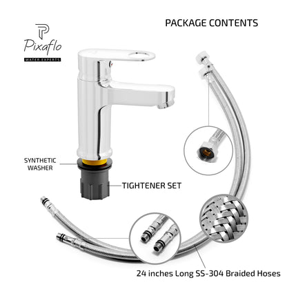 Pixaflo Admix Brass Single Lever Basin Mixer Tap with 24 inches Braided Hoses | Hot & Cold Deck Mounted Faucet | Chrome Finish