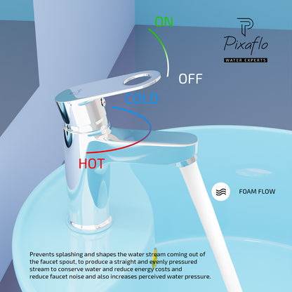 Pixaflo Admix Brass Single Lever Basin Mixer Tap with 18 inches Braided Hoses | Hot & Cold Deck Mounted Faucet | Chrome Finish