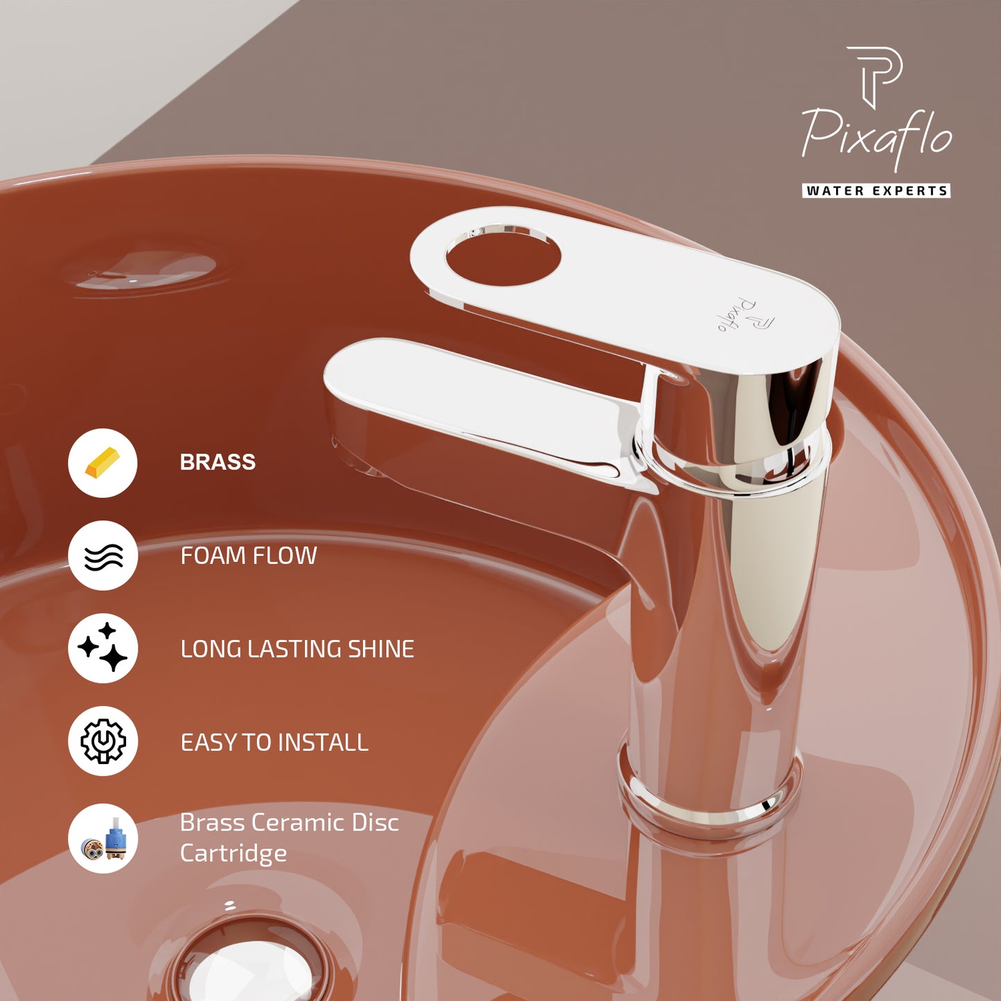 Pixaflo Admix Brass Single Lever Basin Mixer Tap with 18 inches Braided Hoses | Hot & Cold Deck Mounted Faucet | Chrome Finish