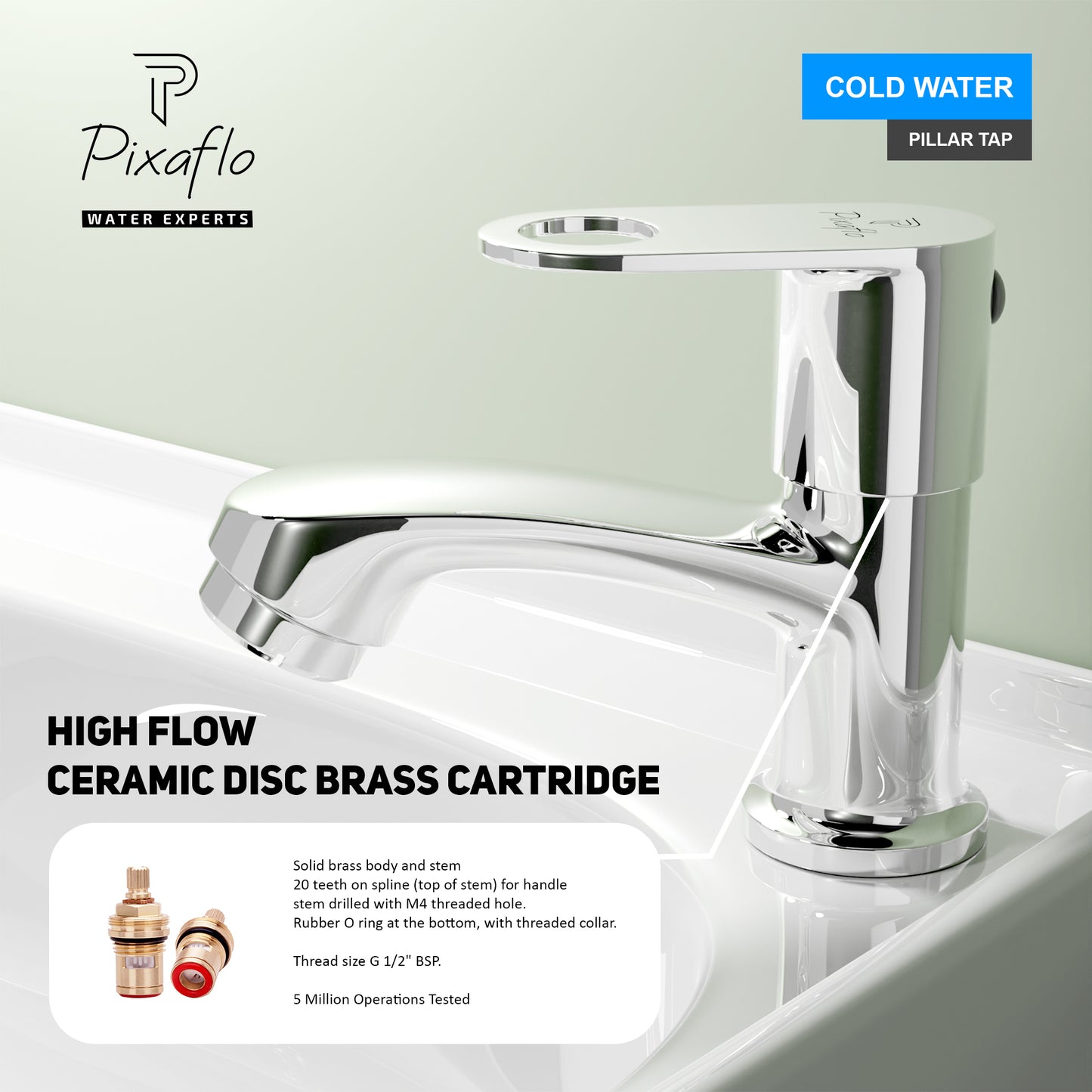 Pixaflo Admix Brass Pillar Tap for Wash Basin | Pillar Cock | Quarter-Turn | Ceramic Disc Cartridge | Foam Flow | Chrome Finish