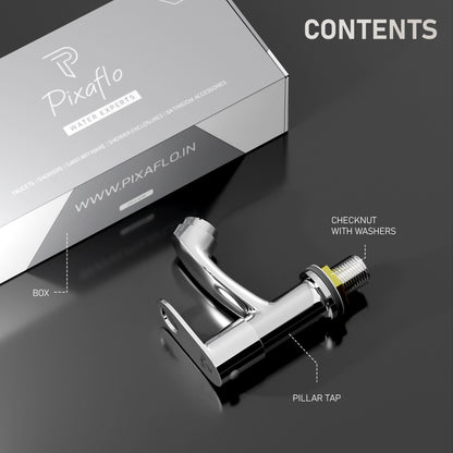 Pixaflo Admix Brass Pillar Tap for Wash Basin | Pillar Cock | Quarter-Turn | Ceramic Disc Cartridge | Foam Flow | Chrome Finish