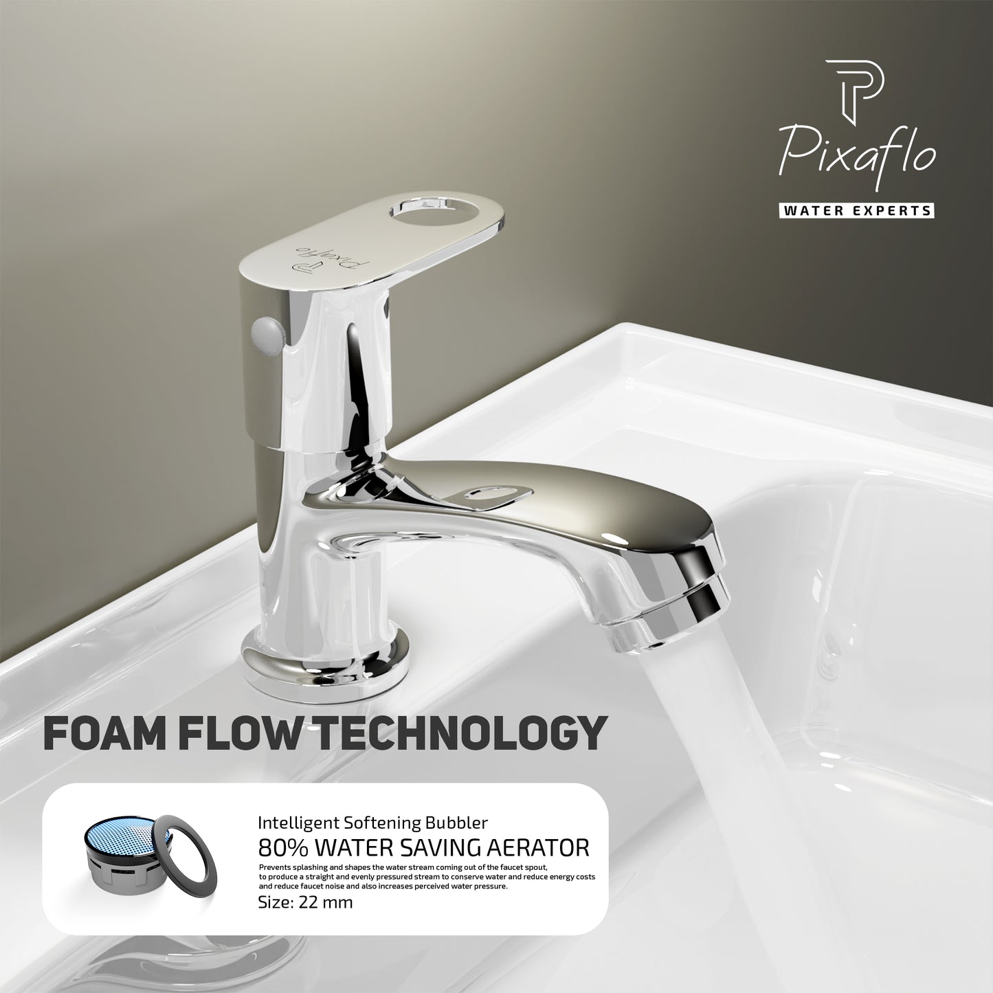Pixaflo Admix Brass Pillar Tap for Wash Basin | Pillar Cock | Quarter-Turn | Ceramic Disc Cartridge | Foam Flow | Chrome Finish