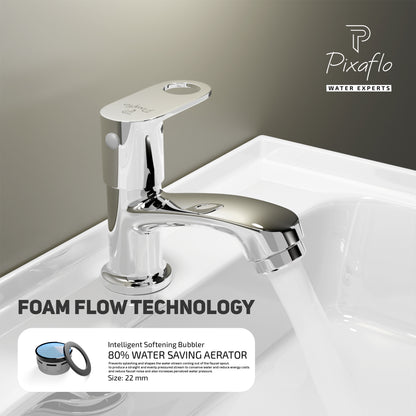 Pixaflo Admix Brass Pillar Tap for Wash Basin | Pillar Cock | Quarter-Turn | Ceramic Disc Cartridge | Foam Flow | Chrome Finish