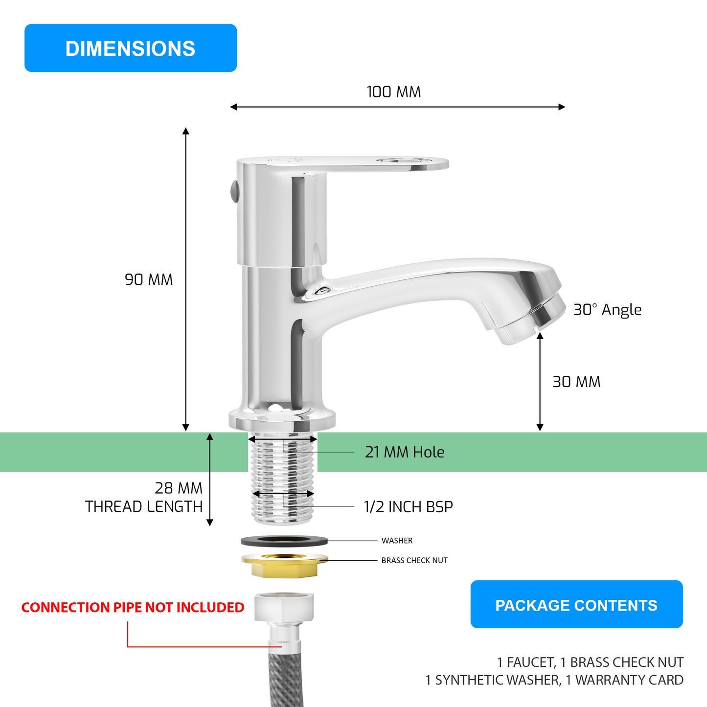 Pixaflo Admix Brass Pillar Tap for Wash Basin | Pillar Cock | Quarter-Turn | Ceramic Disc Cartridge | Foam Flow | Chrome Finish
