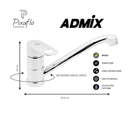 Pixaflo Admix Brass Single Lever Sink Mixer Table Mounted with Swivel Spout and 18 inches Long Braided Hoses | Chrome Finish