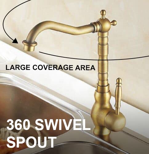 Pixaflo Antique Brass Kitchen Faucet Single Lever Sink Mixer Tap with Swivel Spout | Deck Mounted | Monobloc | Brushed Antique Finish