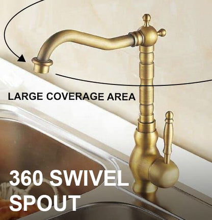 Pixaflo Antique Brass Kitchen Faucet Single Lever Sink Mixer Tap with Swivel Spout | Deck Mounted | Monobloc | Brushed Antique Finish