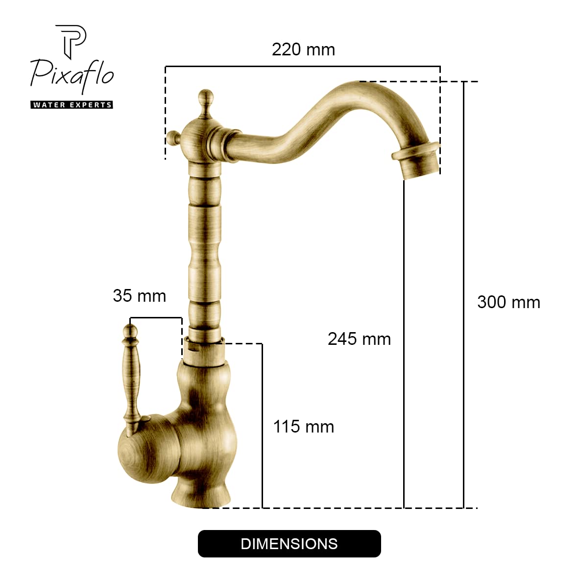 Pixaflo Antique Brass Kitchen Faucet Single Lever Sink Mixer Tap with Swivel Spout | Deck Mounted | Monobloc | Brushed Antique Finish