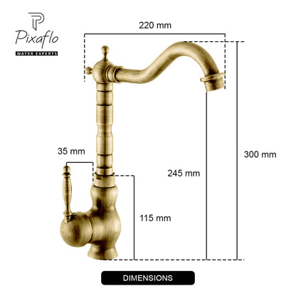 Pixaflo Antique Brass Kitchen Faucet Single Lever Sink Mixer Tap with Swivel Spout | Deck Mounted | Monobloc | Brushed Antique Finish