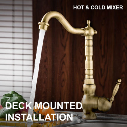 Pixaflo Antique Brass Kitchen Faucet Single Lever Sink Mixer Tap with Swivel Spout | Deck Mounted | Monobloc | Brushed Antique Finish