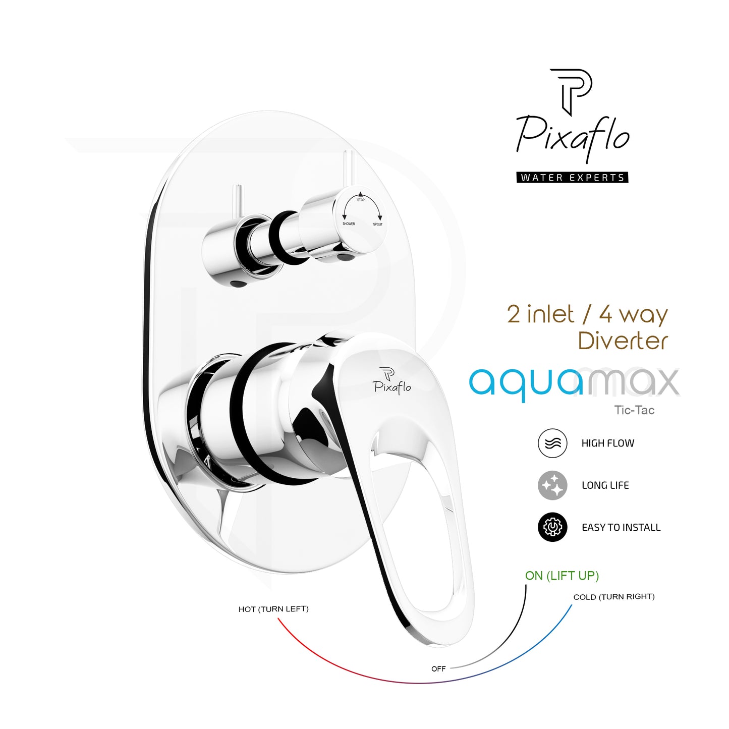 Pixaflo Brass Aquamax High Flow Single Lever 4 Way / 2 Inlet Diverter | Tic-Tac | Complete Set | Bathroom Shower System | Bathroom Mixer | Chrome Finish