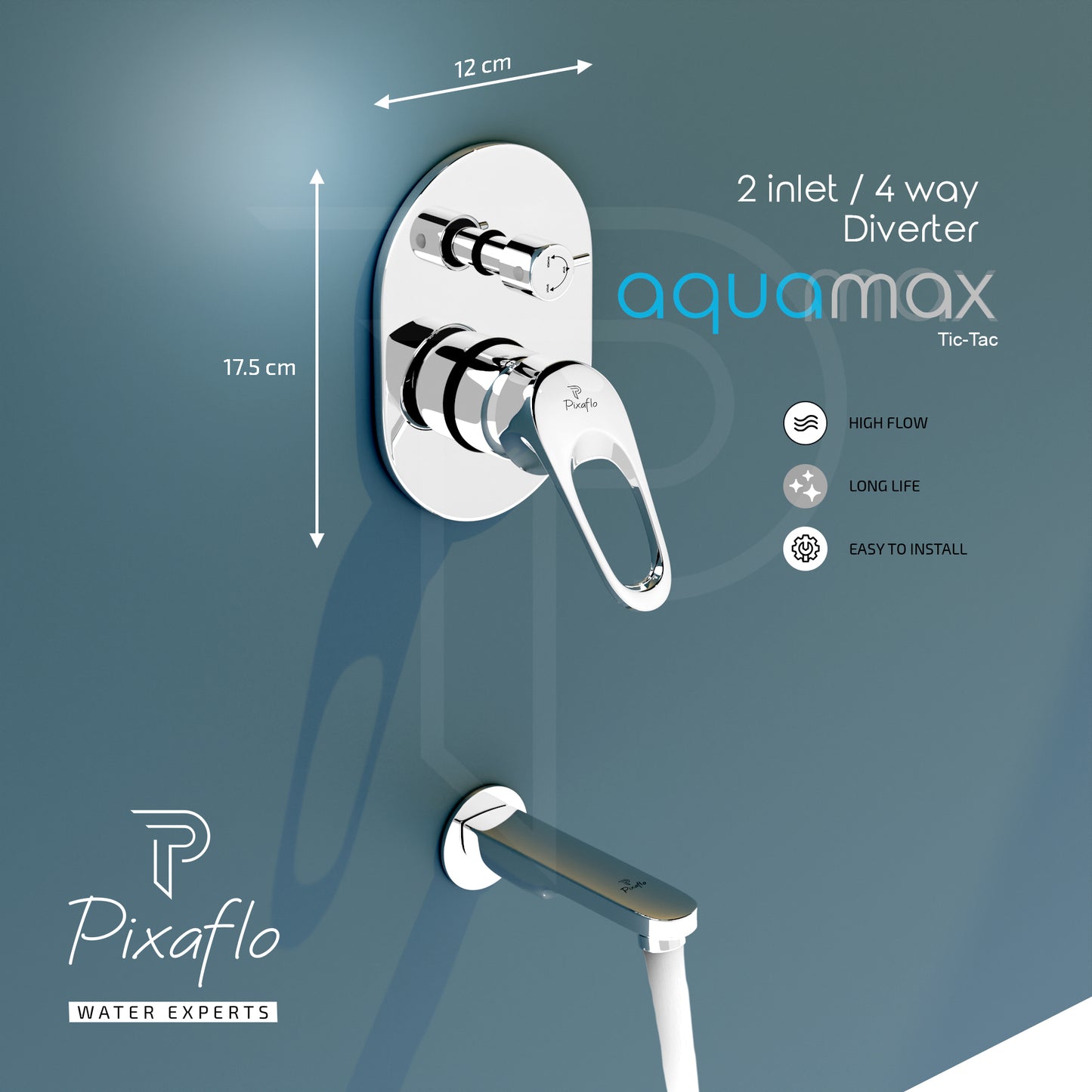 Pixaflo Brass Aquamax High Flow Single Lever 4 Way / 2 Inlet Diverter | Tic-Tac | Complete Set | Bathroom Shower System | Bathroom Mixer | Chrome Finish