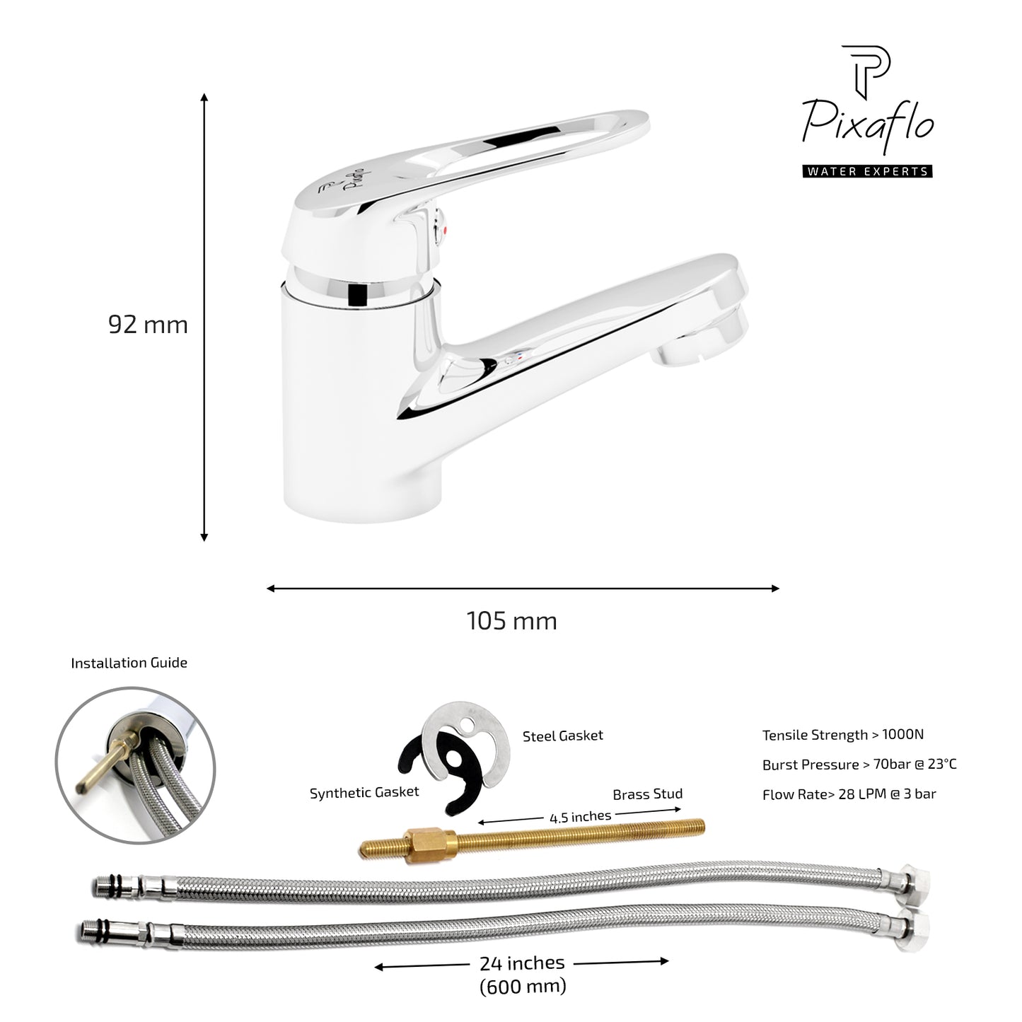 Pixaflo Aquamax Brass Single Lever Basin Mixer Tap with 24 inches Braided Hoses | Hot & Cold Deck Mounted Faucet | Chrome Finish