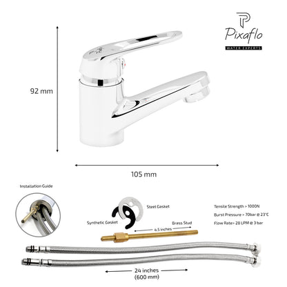 Pixaflo Aquamax Brass Single Lever Basin Mixer Tap with 24 inches Braided Hoses | Hot & Cold Deck Mounted Faucet | Chrome Finish