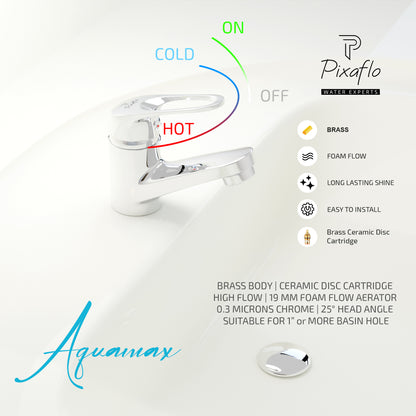 Pixaflo Aquamax Brass Single Lever Basin Mixer Tap with 24 inches Braided Hoses | Hot & Cold Deck Mounted Faucet | Chrome Finish