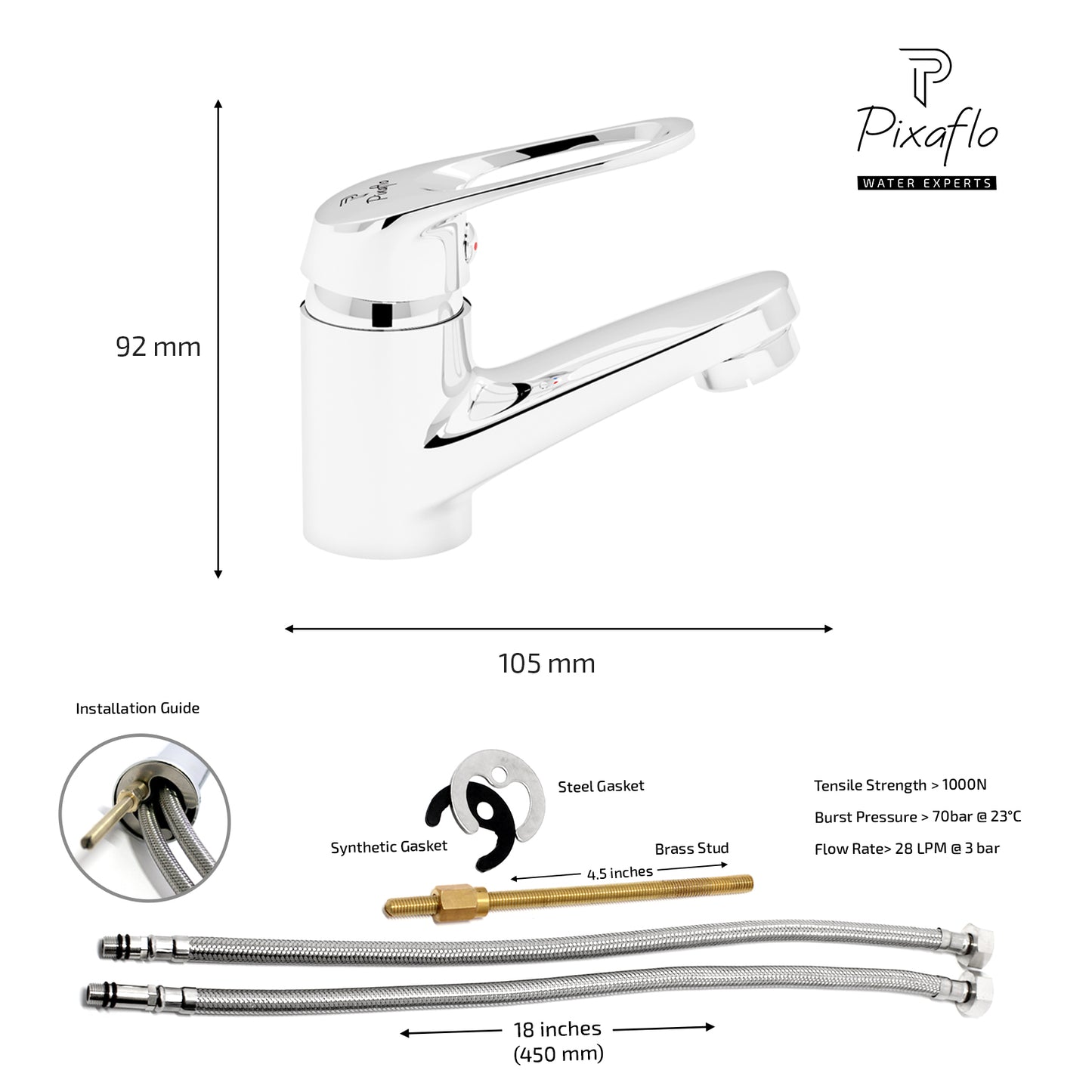 Pixaflo Aquamax Brass Single Lever Basin Mixer Tap with 18 inches Braided Hoses | Hot & Cold Deck Mounted Faucet | Chrome Finish