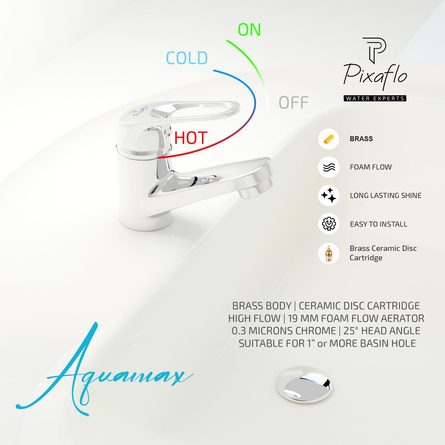 Pixaflo Aquamax Brass Single Lever Basin Mixer Tap with 18 inches Braided Hoses | Hot & Cold Deck Mounted Faucet | Chrome Finish