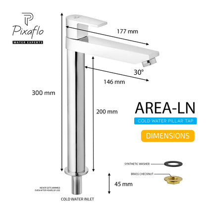 Pixaflo Area-LN Brass Extended Tall Body Pillar Cock 12 inch Tap for Wash Basin | 7 Inch Long Nose Spout | Deck Mounted | Cold Water Tap (Not Hot & Cold Mixer) | Table Top Faucet | Chrome Finish