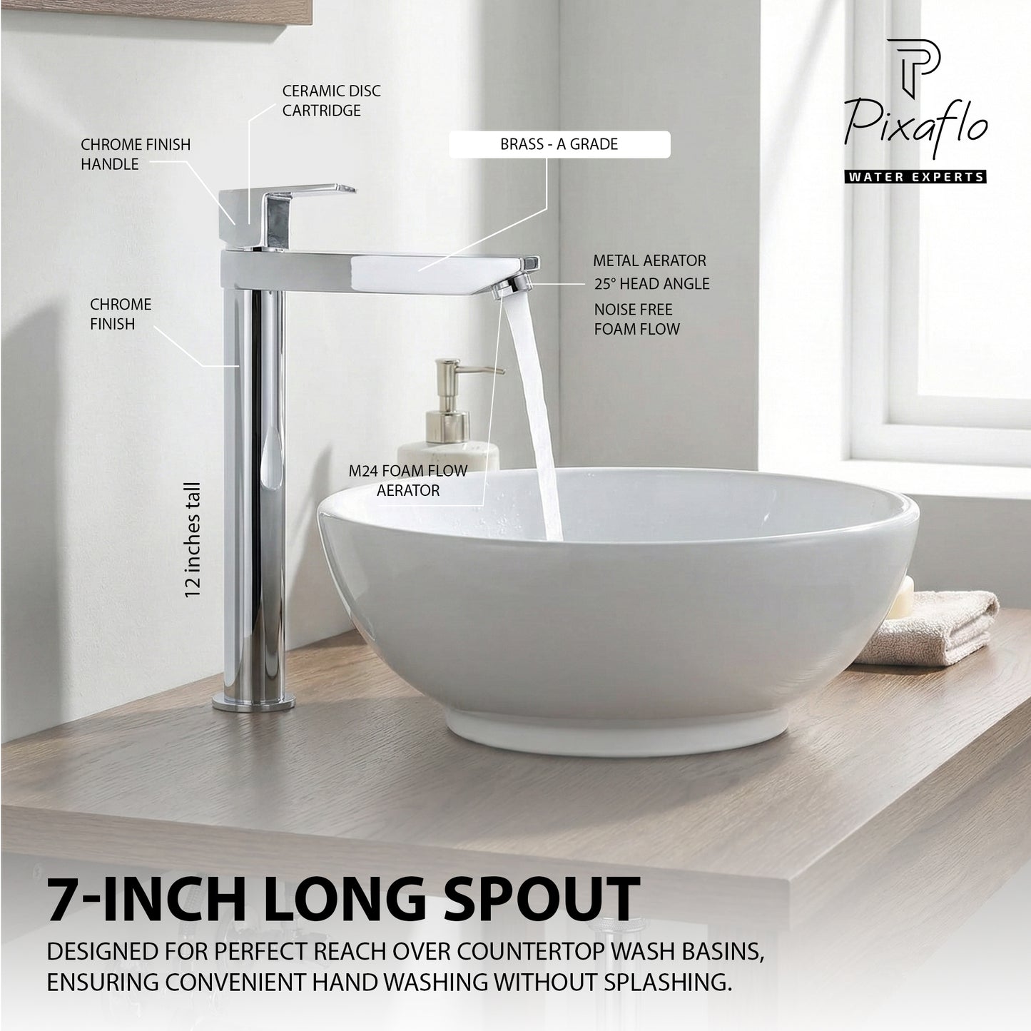 Pixaflo Area-LN Brass Extended Tall Body Pillar Cock 12 inch Tap for Wash Basin | 7 Inch Long Nose Spout | Deck Mounted | Cold Water Tap (Not Hot & Cold Mixer) | Table Top Faucet | Chrome Finish