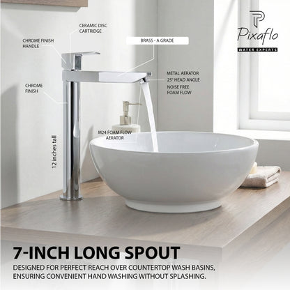 Pixaflo Area-LN Brass Extended Tall Body Pillar Cock 12 inch Tap for Wash Basin | 7 Inch Long Nose Spout | Deck Mounted | Cold Water Tap (Not Hot & Cold Mixer) | Table Top Faucet | Chrome Finish