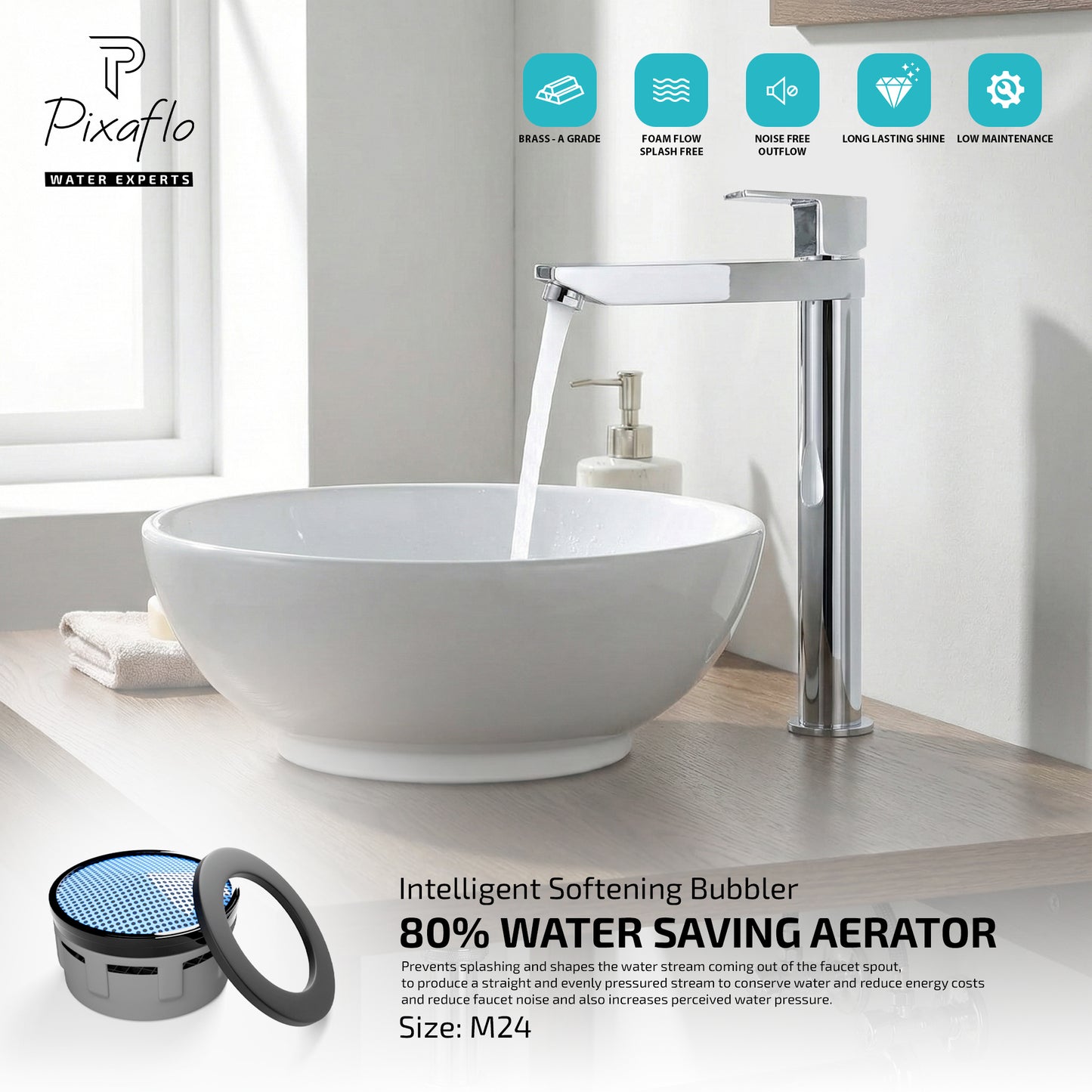 Pixaflo Area-LN Brass Extended Tall Body Pillar Cock 12 inch Tap for Wash Basin | 7 Inch Long Nose Spout | Deck Mounted | Cold Water Tap (Not Hot & Cold Mixer) | Table Top Faucet | Chrome Finish