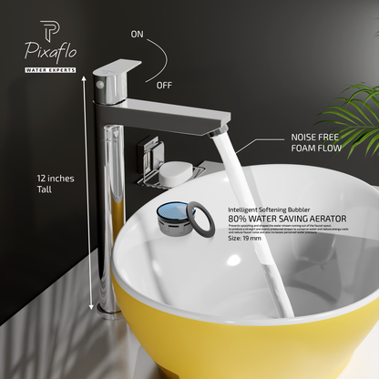 Pixaflo Area Brass Extended Tall Body Pillar Cock 12 inch Tap for Wash Basin | Deck Mounted | Cold Water Tap (Not Hot & Cold Mixer) | Counter Top/Table Top Faucet | Foam Flow | Chrome Finish