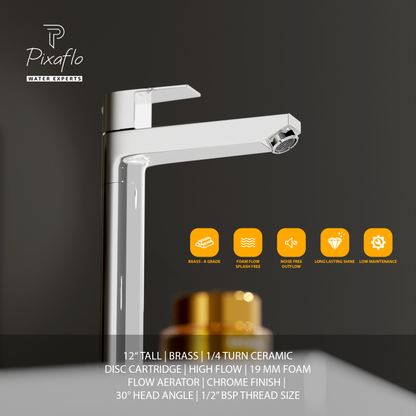 Pixaflo Area Brass Extended Tall Body Pillar Cock 12 inch Tap for Wash Basin | Deck Mounted | Cold Water Tap (Not Hot & Cold Mixer) | Counter Top/Table Top Faucet | Foam Flow | Chrome Finish