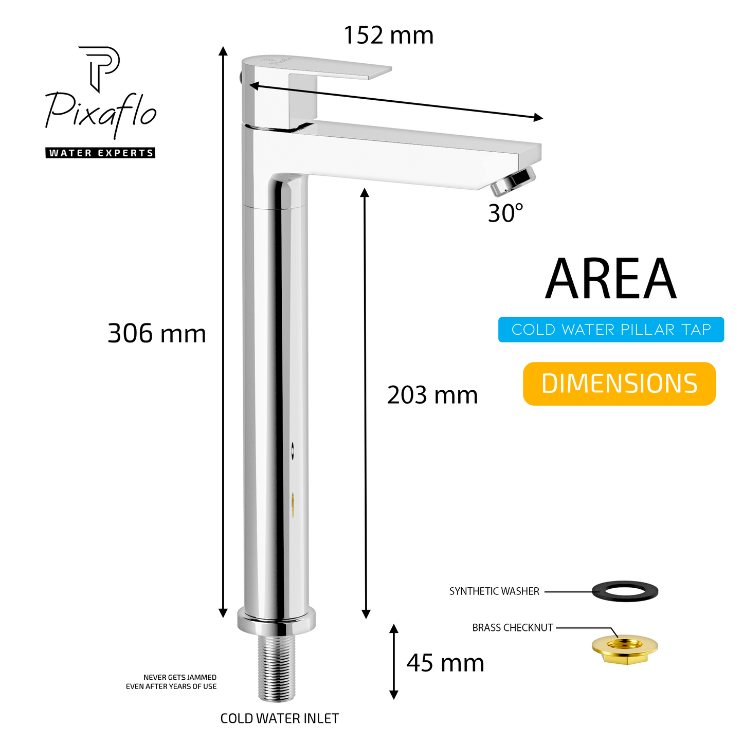 Pixaflo Area Brass Extended Tall Body Pillar Cock 12 inch Tap for Wash Basin | Deck Mounted | Cold Water Tap (Not Hot & Cold Mixer) | Counter Top/Table Top Faucet | Foam Flow | Chrome Finish