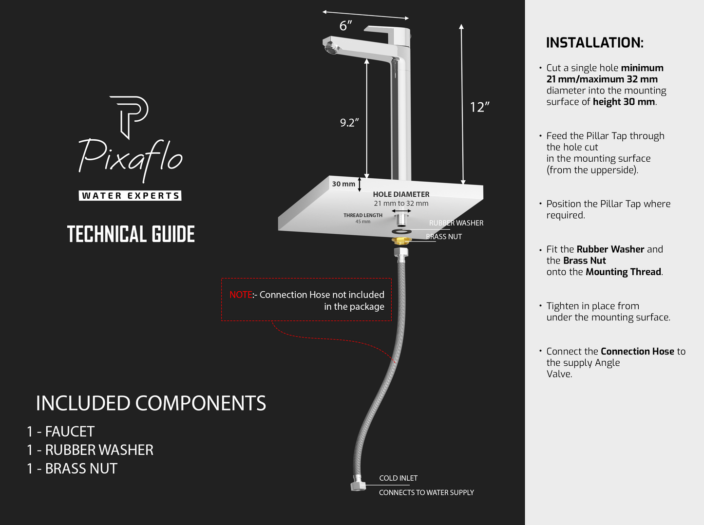 Pixaflo Area Brass Extended Tall Body Pillar Cock 12 inch Tap for Wash Basin | Deck Mounted | Cold Water Tap (Not Hot & Cold Mixer) | Counter Top/Table Top Faucet | Foam Flow | Chrome Finish
