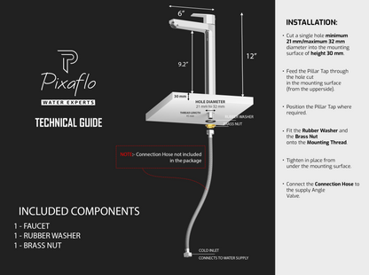 Pixaflo Area Brass Extended Tall Body Pillar Cock 12 inch Tap for Wash Basin | Deck Mounted | Cold Water Tap (Not Hot & Cold Mixer) | Counter Top/Table Top Faucet | Foam Flow | Chrome Finish