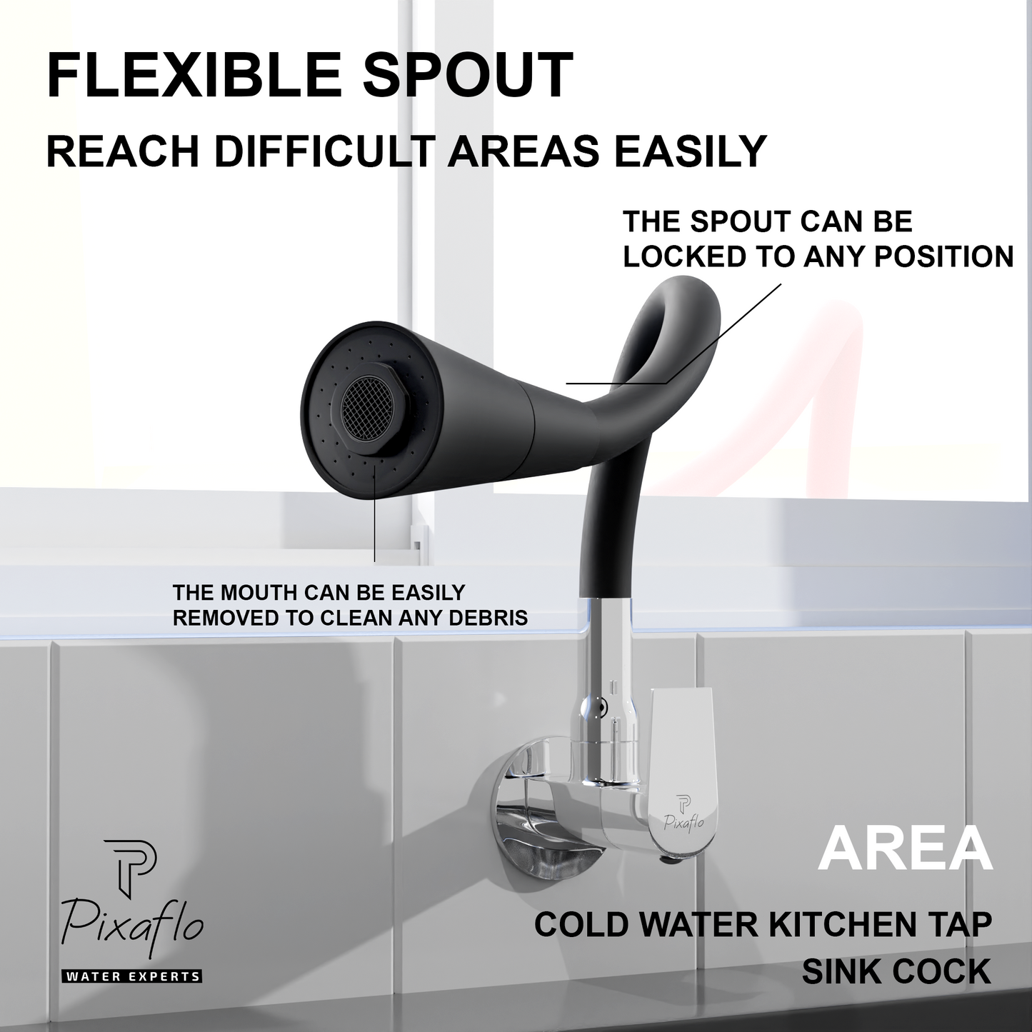 Pixaflo Area Brass Sink Cock Tap with Wall Flange | with Black Dual Flow 360-degree Swivel Flexible Silicone Swivel Spout for Kitchen Sink | Wall Mounted