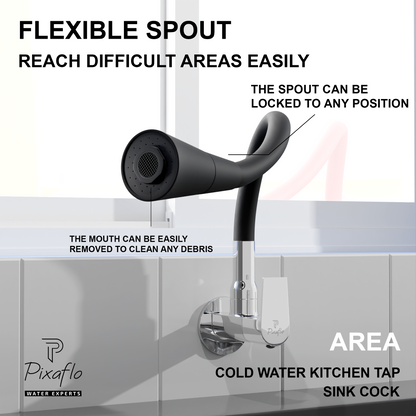 Pixaflo Area Brass Sink Cock Tap with Wall Flange | with Black Dual Flow 360-degree Swivel Flexible Silicone Swivel Spout for Kitchen Sink | Wall Mounted