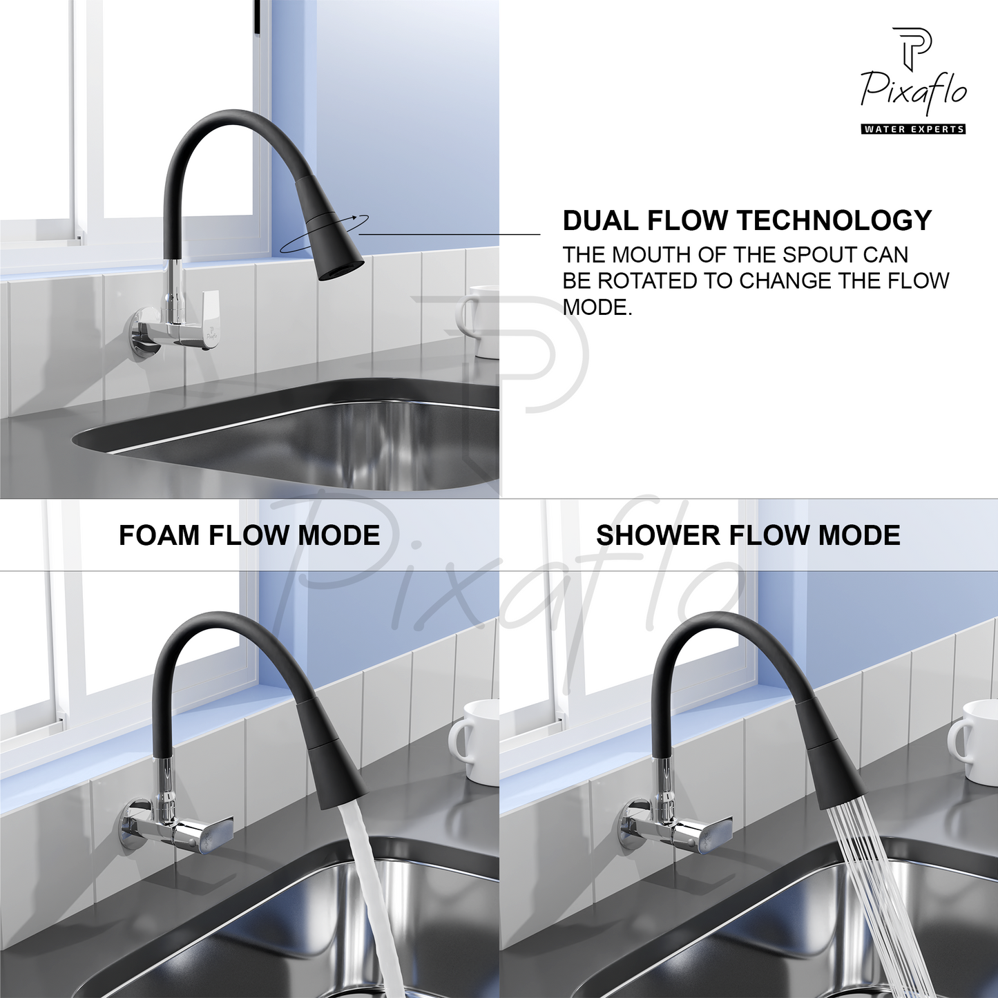 Pixaflo Area Brass Sink Cock Tap with Wall Flange | with Black Dual Flow 360-degree Swivel Flexible Silicone Swivel Spout for Kitchen Sink | Wall Mounted