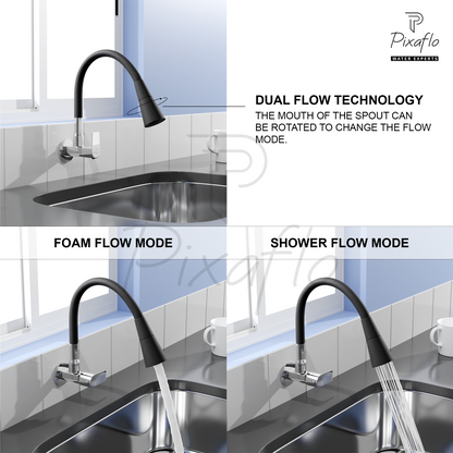 Pixaflo Area Brass Sink Cock Tap with Wall Flange | with Black Dual Flow 360-degree Swivel Flexible Silicone Swivel Spout for Kitchen Sink | Wall Mounted