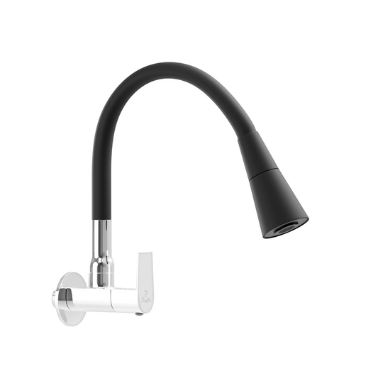 Pixaflo Area Brass Sink Cock Tap with Wall Flange | with Black Dual Flow 360-degree Swivel Flexible Silicone Swivel Spout for Kitchen Sink | Wall Mounted