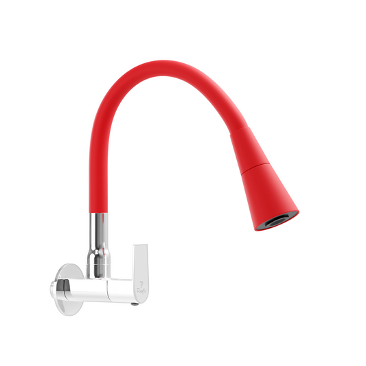 Pixaflo Area Brass Sink Cock Tap with Wall Flange | with Red Dual Flow 360-degree Swivel Flexible Silicone Swivel Spout for Kitchen Sink | Wall Mounted