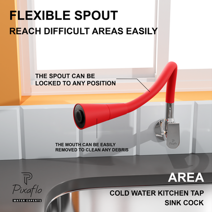 Pixaflo Area Brass Sink Cock Tap with Wall Flange | with Red Dual Flow 360-degree Swivel Flexible Silicone Swivel Spout for Kitchen Sink | Wall Mounted