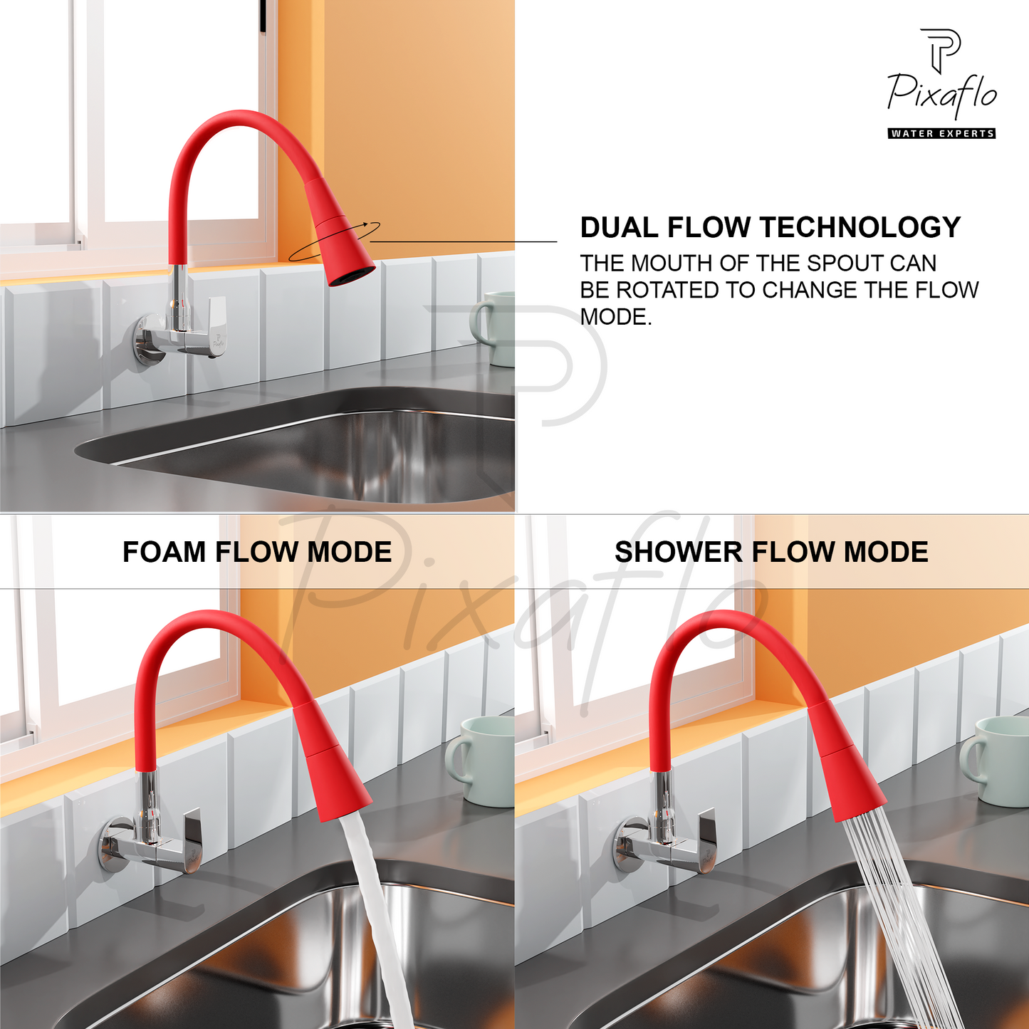 Pixaflo Area Brass Sink Cock Tap with Wall Flange | with Red Dual Flow 360-degree Swivel Flexible Silicone Swivel Spout for Kitchen Sink | Wall Mounted