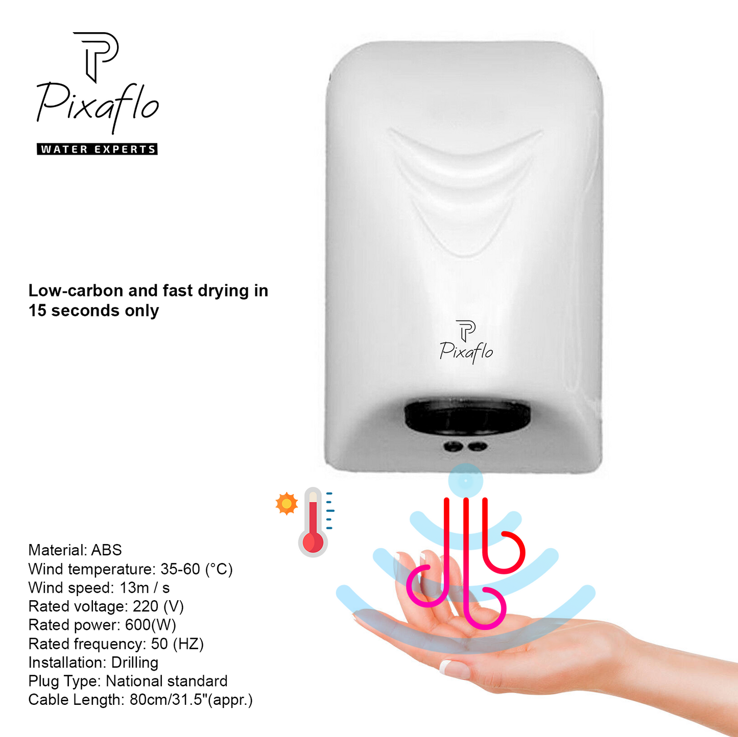 Pixaflo Plastic Automatic Hand Dryer | White | AC Only