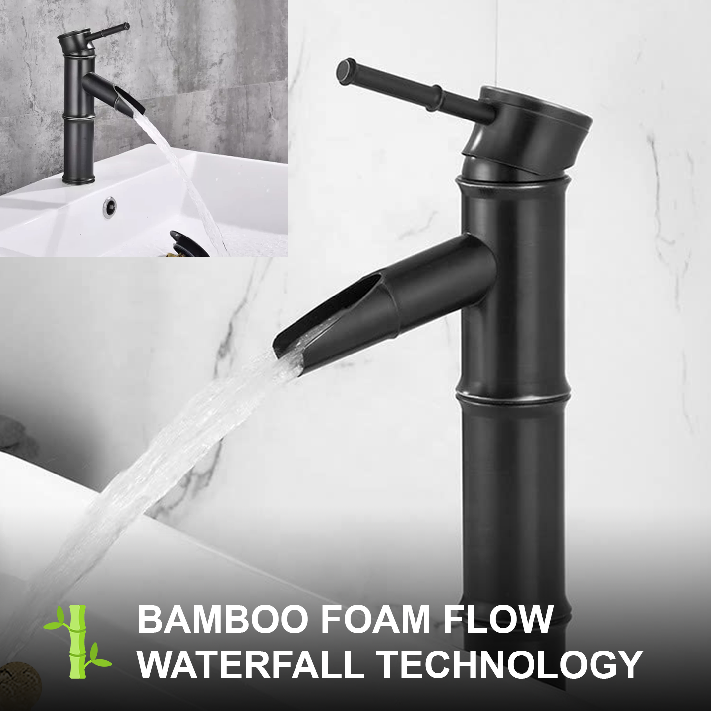Pixaflo Bamboo Brass Extended Tall Body Hot & Cold Single Lever Basin Mixer 12" Antique Tap with 24 inches Long Braided Hoses | Matte Black