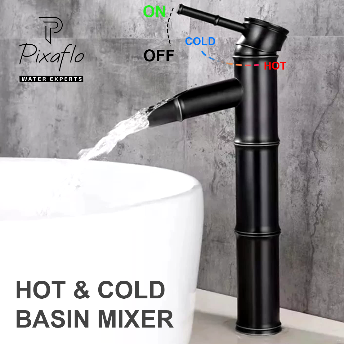 Pixaflo Bamboo Brass Extended Tall Body Hot & Cold Single Lever Basin Mixer 12" Antique Tap with 24 inches Long Braided Hoses | Matte Black