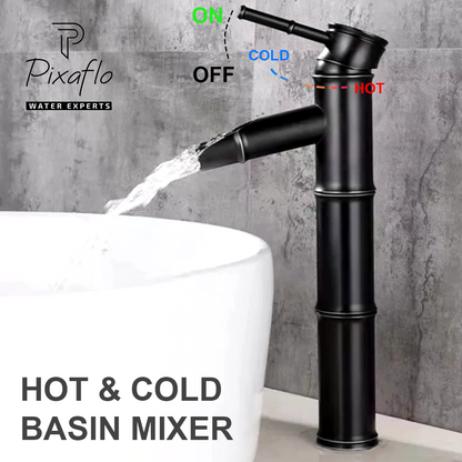 Pixaflo Bamboo Brass Extended Tall Body Hot & Cold Single Lever Basin Mixer 12" Antique Tap with 24 inches Long Braided Hoses | Matte Black
